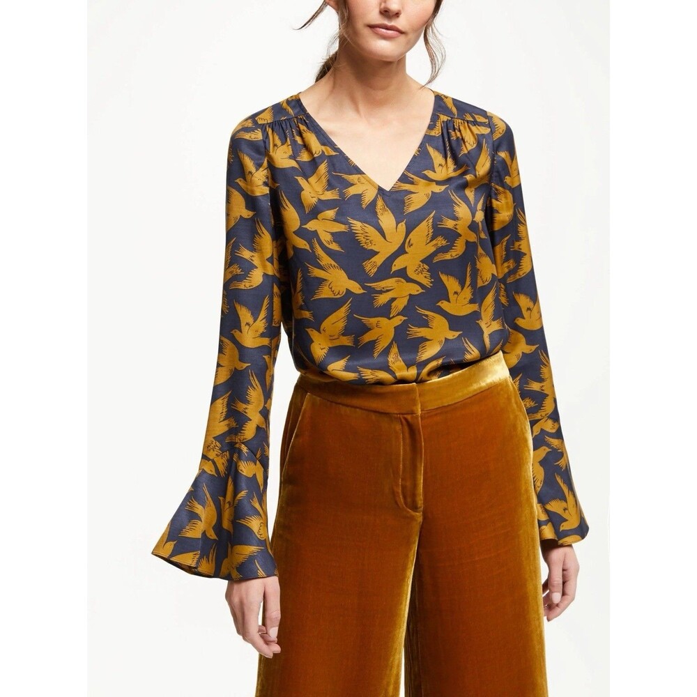 Boden Bird Print Bell Sleeve Lucie Blouse Top Size 12 Silk Blend